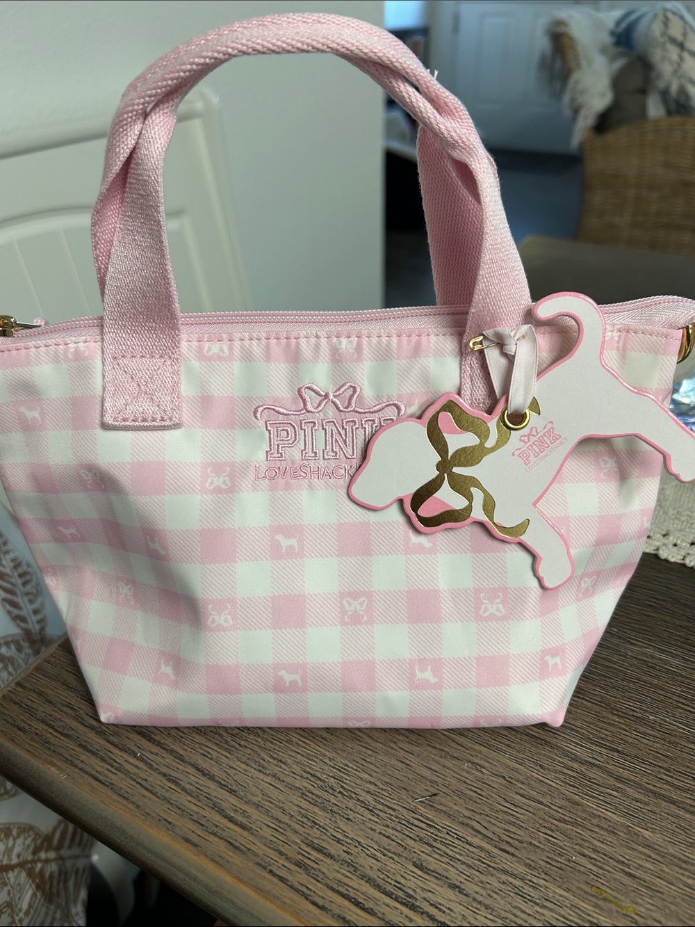Loveshackfancy & Victorias Secret Collab Pink Gingham Mini Tote with Dog Charm